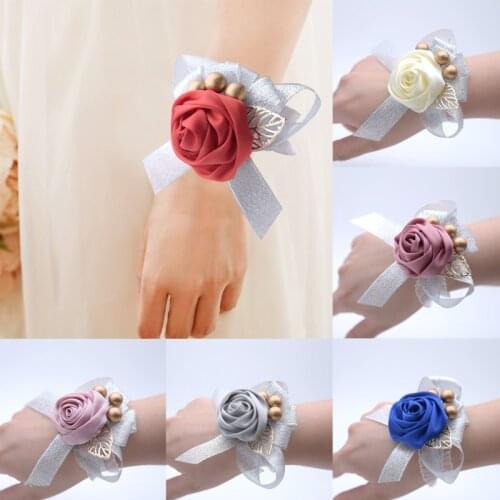 Girls Bridesmaid Wrist Flowers Wedding Prom Party Boutonniere Satin Rose Bracelet Fabric Hand Flowers Wedding Supply Accessories