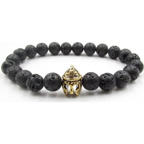 Mens Charm Bracelet Roman Knight Spartan Warrior Gladiator Helmet Stone Bracelet Beaded Men Women Fashion New Black Lava