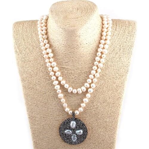 New arrive 8-9mm Freshwater Natural Pearl Knot Halsband Necklaces Round Crystal Pave Pearls flower For Women