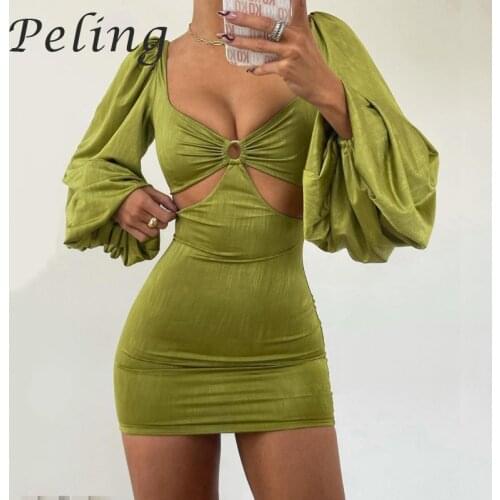 Peling 2021 Fashion Women Sexy Party Dresses Lantern Sleeve Hollow Out Bodycon Short Mini Dress Autumn White Club Dress Vestidos