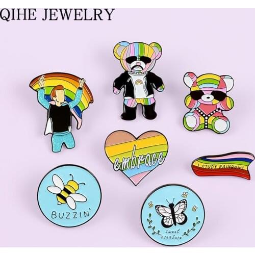 Rainbow Bears Enamel Pins Rainbow Heart Bee Butterfly LGBT Flag Pride Brooches Custom Lapel Metal Badges Pin Gift for Friends