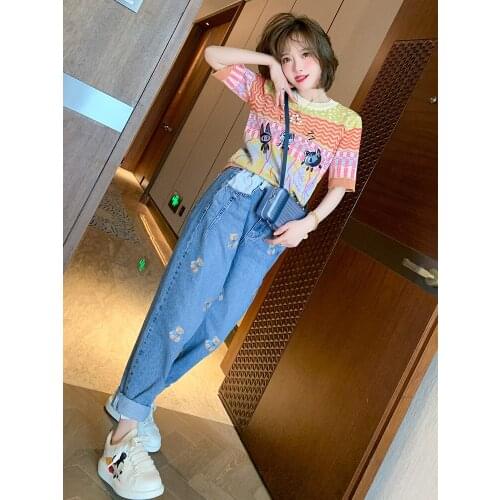 Top Quality Contrast high waist Cartoon Bear print jeans summer new