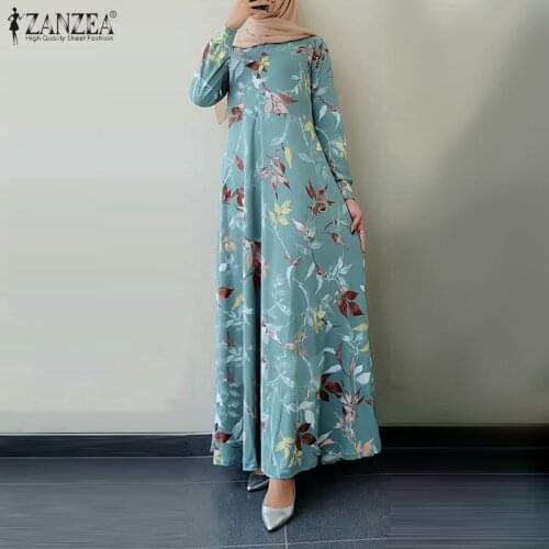 ZANZEA Spring Floral Printed Maix Long Dress Women Long Sleeve Dubai Abaya Turkey Hijab Dress Jilbab Islamic Clothing Caftan