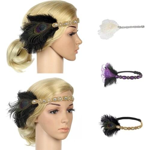 1x Woman Elastic Feather Headband Fashion Elegant Party Rhinestone Forehead Decor for Wedding Cocktail Party Banquet Derby Race