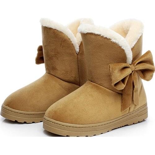 Winter Women Boots Snow Shoes Warm Casual Fur Ankle Female Bowtie Non Slip Plush Suede Flats Comfortable Fashion Ladies Footwear