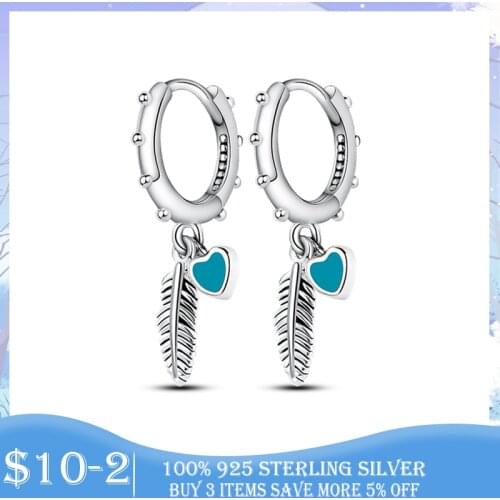 Silver Earrings 925 Sterling Silver Turquoise Hearts and Feather Hoop Earrings for Women Fashion Silver Earring Jewelry brincos