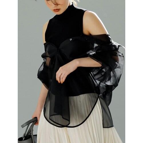 Chic Elegant Ol 2Pcs Simple Stand Collar Solid Slim Sleeveless Pullovers + Single Breasted Gauze Blouse Perspective Mesh Shirts