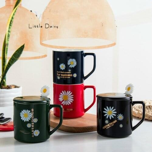2020 Ceramic Small Daisy Coffe Cup Creative European Coffee Mug With Cover Flowers Spoon Glaze Coloring Travel Mugs Drinkware