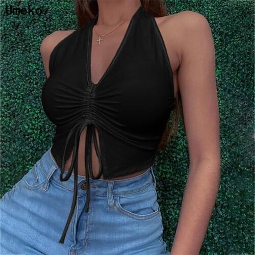 2021 Sexy V Neck Cropped Tank Tops Women Drawstring Tie Camis Streetwear Slim Fit Solid Crop Top corset Y2k harajuku clothes