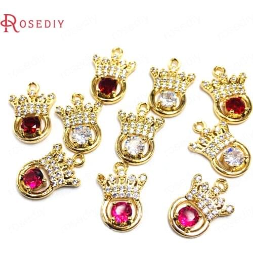 38645)6PCS 10x14MM 24K Champagne Gold Color Brass and Zircon Crown Charms Pendants Jewelry Making Supplies Diy Accessories