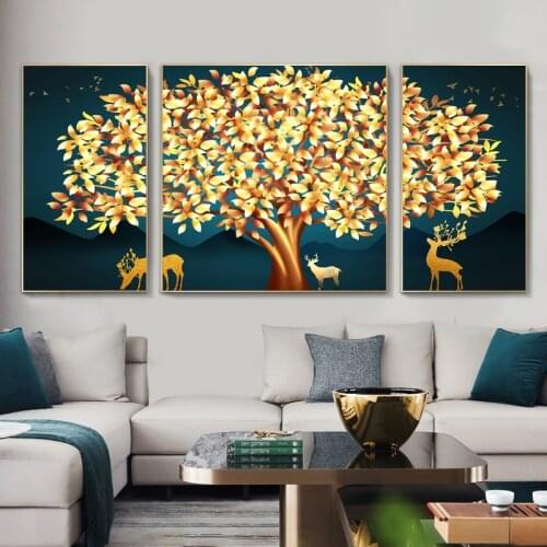 Gold Money Tree Deer Abstract Canvas Painting on The Wall Nordic Posters and Prints Wall Art Picture for Living Room Home Decor