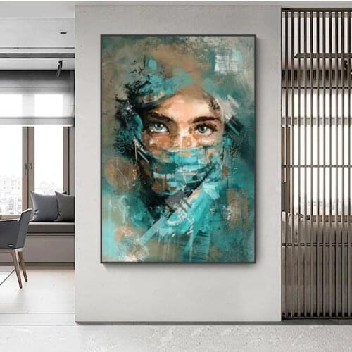 Abstract Woman Portrait with Green Veil Watercolour Canvas Painting Poster and PrintWall Art Picture for Living Room Home Decor