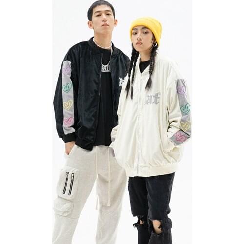 American Academy Embroidered Smiley Face Velvet Baseball Jacket Student Loose Casual Garment Hip Hop Streetwear