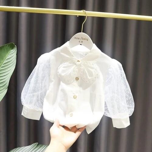 Girls White Shirt 2021 Spring New Female Baby Princess Tops Childrens Mesh Long-sleeved Shirt
