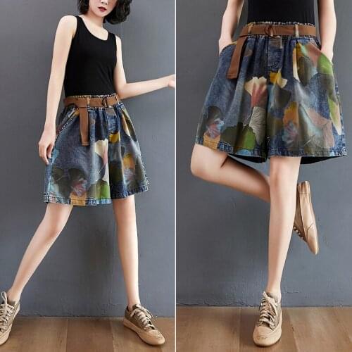 Large Denim Shorts Skirt Pants Retro Art Print Elastic High Waist Plant&flowers Harem Pants Oxford Womens Clothing Loose Style