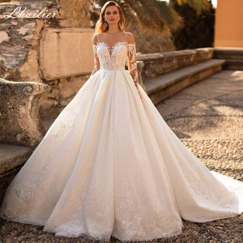 Lhuilier Elegant A Line Full Sleeves Lace Wedding Dresses 2021 Floor Length Spaghetti Straps Bridal Gowns with Chapel Train