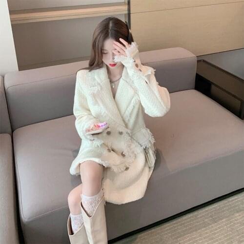 Tassel Woolen Jacket Autumn Winter New Womens All-Match Thick Temperament Mid-Length Suit Coat Trend Blazer Female Top y1437