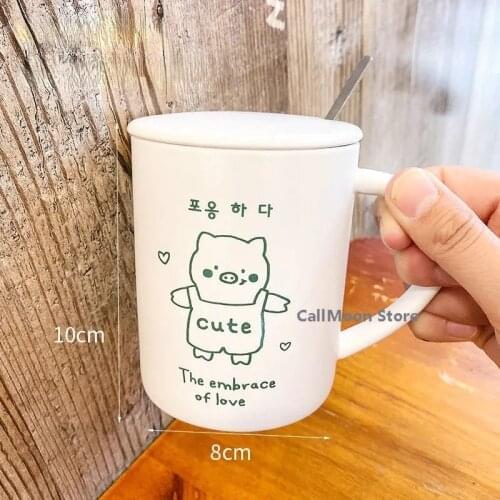 Milk Water Coffee Cup Ins 350ml Cute White Kawaii Animal Ins Ceramic Cup Student Korean Style Cute Cartoon Mug with Lid spoon