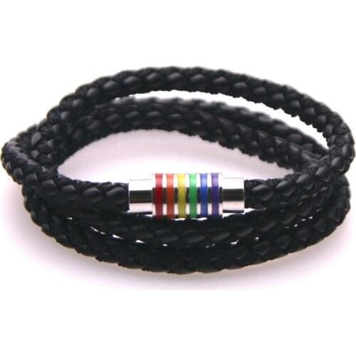 Fashion Black Brown Genuine Braided Leather Bracelet Women Men Stainless Steel Gay Pride Rainbow Magnetic Charms Bracelet Gift