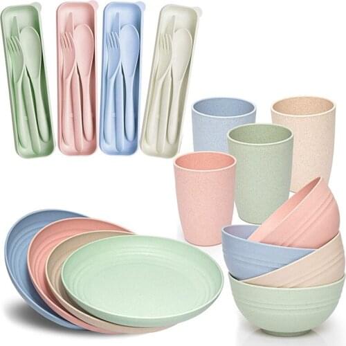 Wheat Straw Dinner Set - (28Pcs) Lightweight & Unbreakable Dinner Set -Reusable Plates, Cups, Bowls and Cutlery