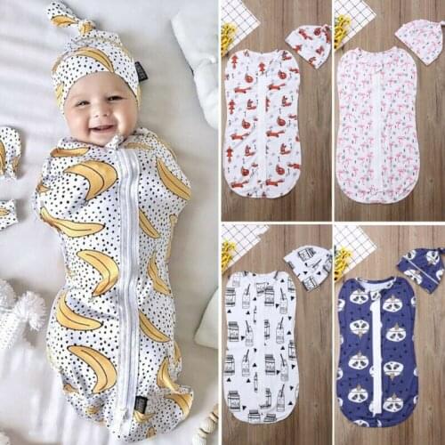 Newborn Swaddle Blanket Baby Boy Girl Zipper Sleeping Bags Wrap Hat Clothes Set 2PCS 0-6 Months