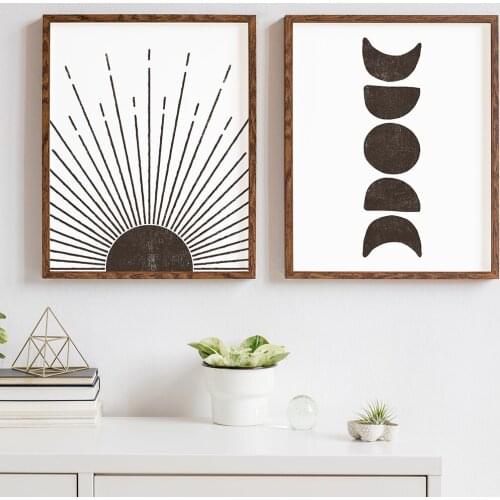 Nordic Black White Sun and Moon Phases Wall Art Canvas Poster Minimal Print Mid Century for Living Room Decor Painting Pictures