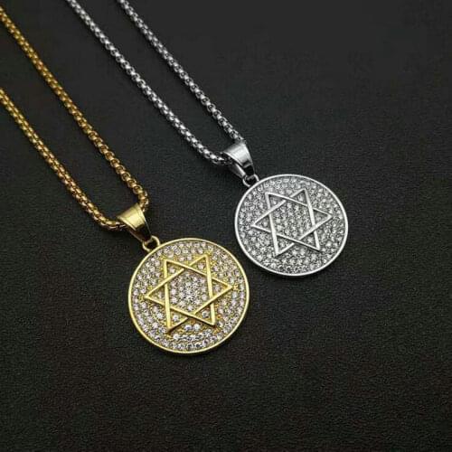 Stainless steel full diamond hip hop six-pointed star pendant Star of David Jewish religious pendant