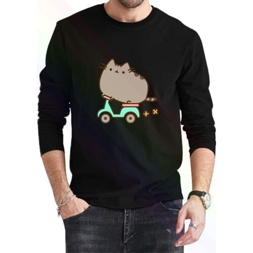Pusheen Cat Scooter Logo Classic Black T-Shirt 2021 Newest Summer Mens Long Sleeve Popular Tees Shirt Tops Novel Unisex