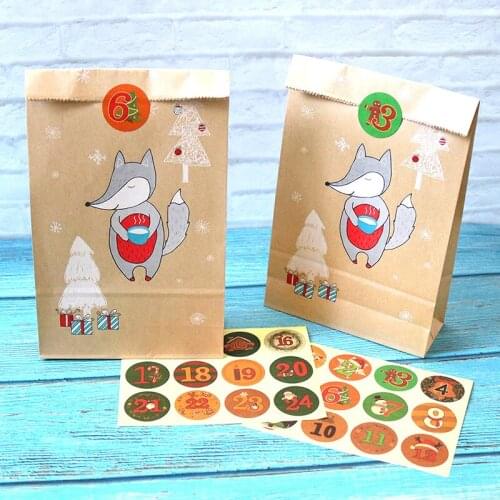 Retro Open Top Kraft Paper Bag Merry Christmas Elk Cute Cartoon Gift Envelope with Xmas Stickers DIY Party Treat Bags 24Sets