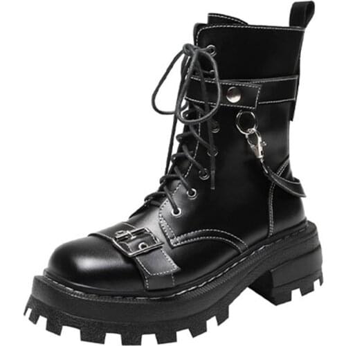 Rosetic Motorcycle Genuine Leather Martin Boots Women Gothic Punk Rock Casual High Heel Shoes Platform 2020 Spring Fall Lace Up