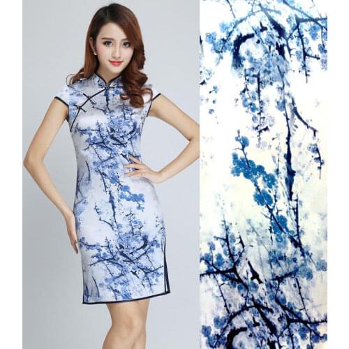 Silks High quality Blue Plum flowers prints 97% nature silk fabric 3%stretch satin fabric summer haute couture fabrics wholesale