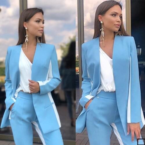 Blue White Women Holiday Tuxedos Slim Fit High Waist Mother of the Bride Pants Suits Prom Evening Guest Wedding Wear 2 Pieces