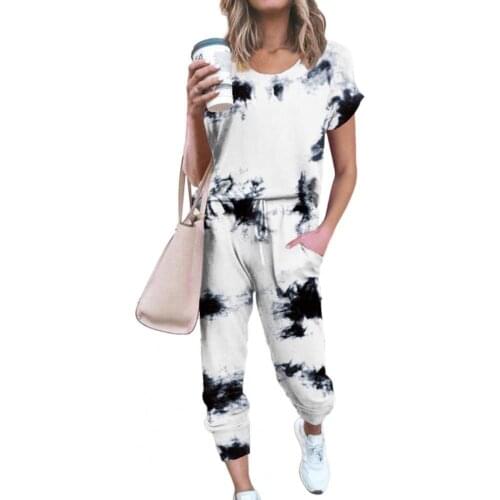 2021 Tracksuit Tie Dye Loose Sports Suit Women Short Sleeve T-shirt Drawstring Pant Outfit for Spring/Summer Female Trouser Suit