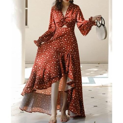 Vintage Dot Printed Dress Bohemia Long Sleeve Women Irregular Ruffles Holiday Dress Summer V-neck Hollow Out Beach Maxi Dress