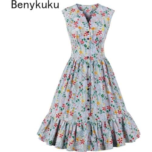Single Breasted V Neck Floral Print Summer Clothes for Women Elegant Sleeveless High Waist Vintage Pleated Retro Ruffles Dress