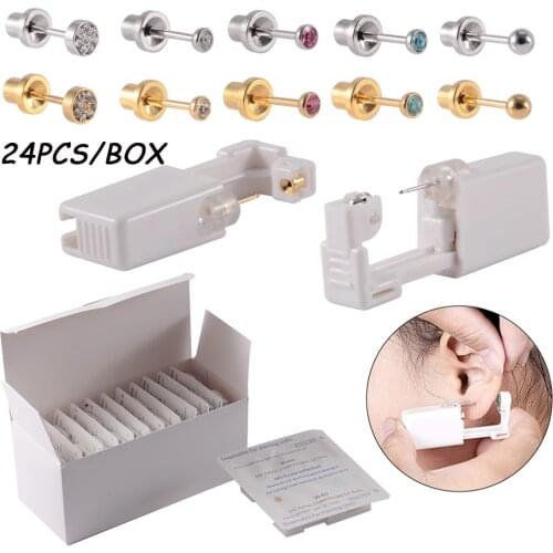 24PCS/Box Disposable Self Ear Piercing Unit Cartilage Tragus Helix Sterile Piercing Gun NO PAIN Piercer Tool Kit Machine