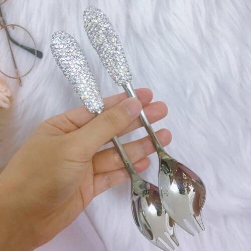 Sparkly Salad Spoon Fork Salad Spoon with Rhinestone Cute Silver Stainless Steel Cutlery Set Serving Spoon Unique Spoons Bling