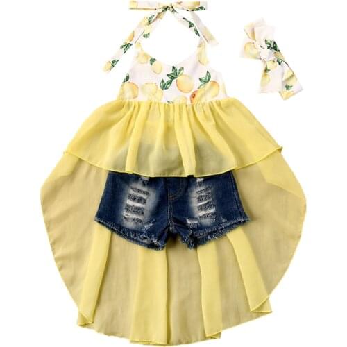 1-6Y Infant Baby Girls Clothes Sets Lenmon Print Sleeveless Blet Lace Dress Vest+Blue Denim Shorts 2pcs