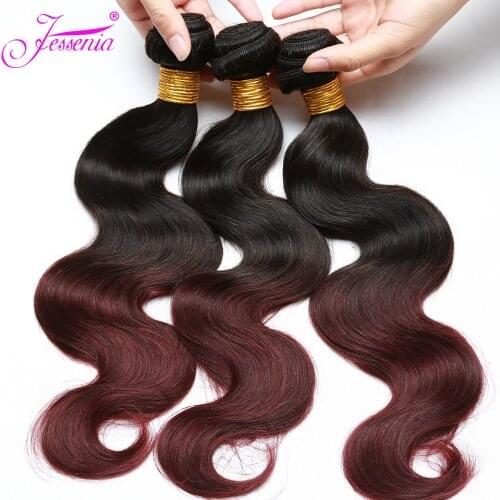 JESSENIA Hair Brazilian Body Wave Hair Bundles 1B/Burgundy 100% Human hair weave bundles Remy Hair Extensions wine red