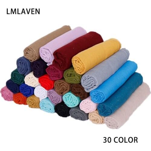 LMLAVEN women glitter scarves solid color scarf viscose muslim hijab shimmer scarves fashion head wrap maxi shawl 30 color