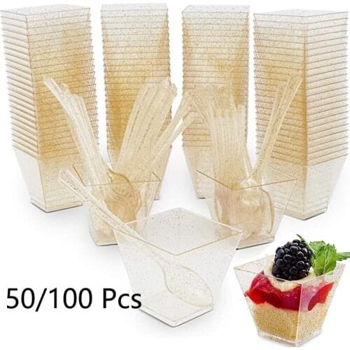 Mini Plastic Dessert Cups with Spoons Gold Glitter Dessert Cake Cup for Shooters for Chocolate Desserts Appetizers More 100 Pcs