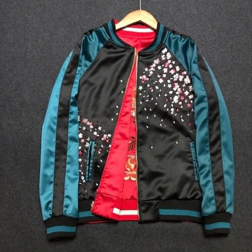 Mens Satin Embroidery Fish Floral Reversed Souvenir Flight Jacket Japanese Sukajan Double Wear Slim Fit 2020 New Arrvial