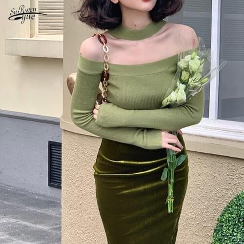 Autumn Retro Knitted Top Vintage Sweater Short Temperament Solid Color Pink Sweater One-shoulder Slim Slimming Sweater 16338