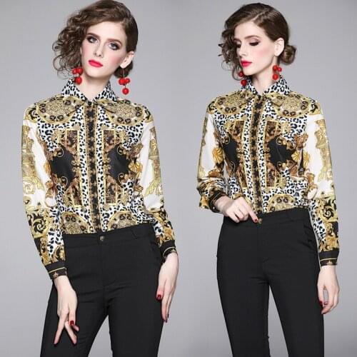 Dropship Spring Summer Fall Runway Vintage Baroque Floral Print Collar Long Sleeve OL Womens Ladies' Casual Tops Shirts Blouses