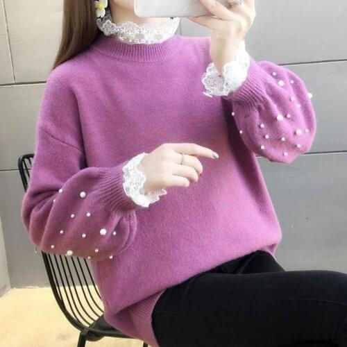 Spring Kawaii Sweater Pure Color Lace Girl Pullover Harajuku Long Sleeve Women Sweater Beading Lantern Sleeve Winter Clothes Top