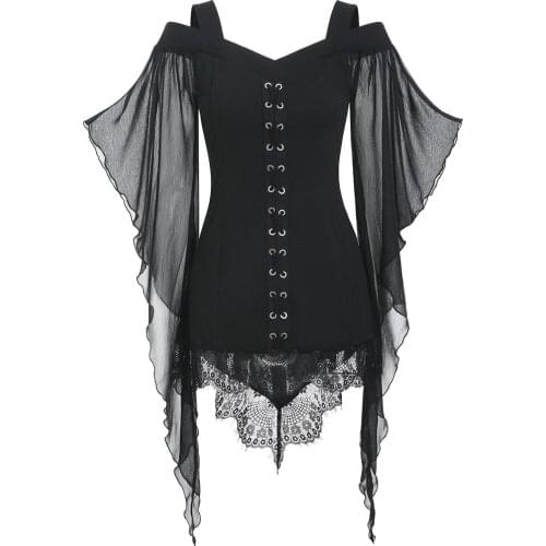 Women Tshirt Gothic Cross Lace Insert Sleeve T-shirt Tops Pleated Fashion Ruffle Lace Sleeve Tshirt Camiseta Mujer Verano #G3