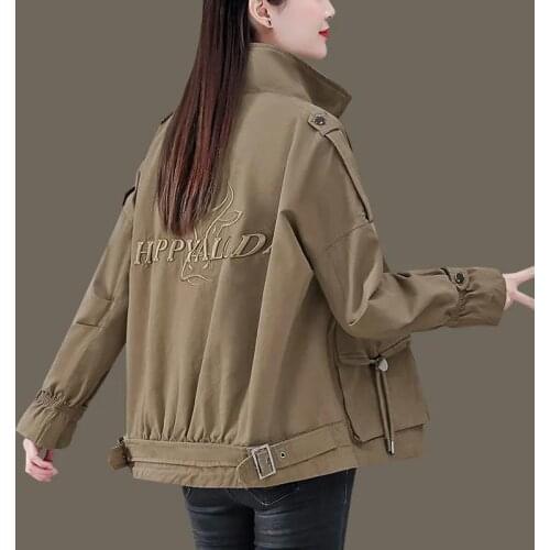 Women 2021 Spring Autumn Embroidery Coat New Retro Jacket Baseball Uniform Tooling Short Jackets Khaki Fashion Outwear Female