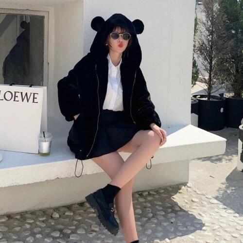 Autumn Winter 2021 Women Hooded Faux Rabbit Fur Coat Loose Casual Mujer Chaqueta Drawstring Long Sleeve Plus Soft Plush Outwear