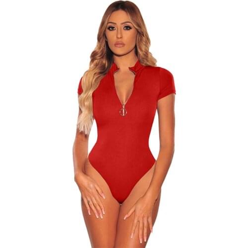 Wantmove Women Bodysuits 2021 Sexy V-Neck Zipper Short Sleeve Bodycon Solid Casual Bodysuits AM208