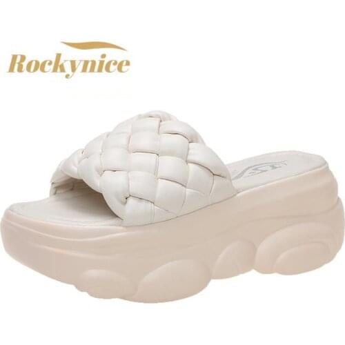 Women Slippers Female Shoes Rubber Beach Slippers For Women Ladies High Platform Flip Flops Weave Slides 2021 Summer Shoes Woman